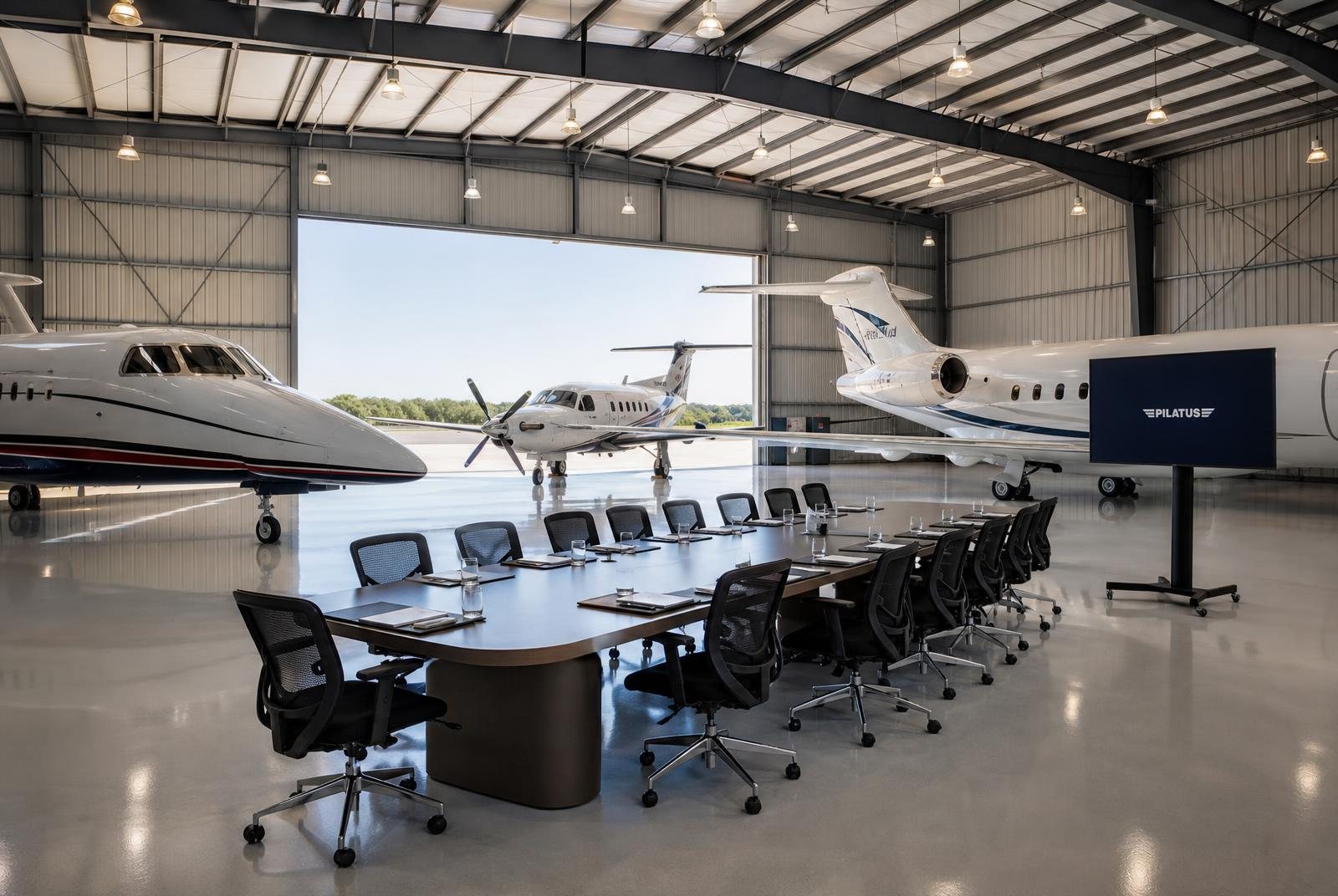 A long boardroom table set with chairs and a presentation screen inside the hangar, with business jets and a turboprop parked alongside