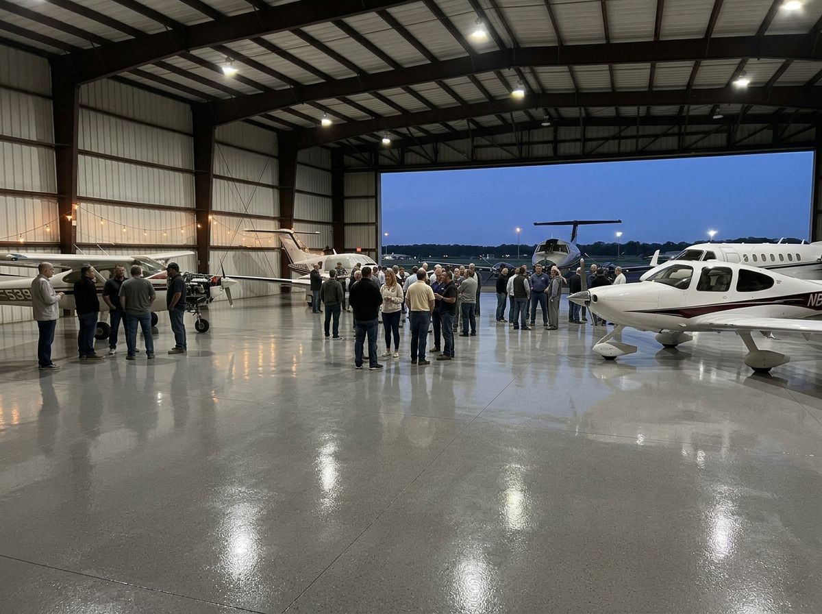 An evening reception with guests and cocktail tables inside the hangar beside modern general aviation aircraft